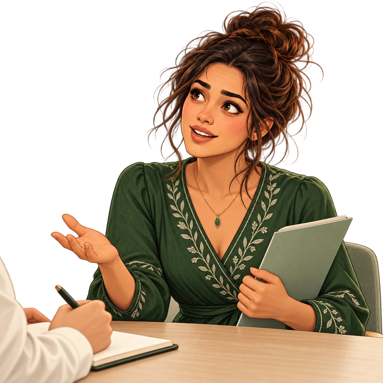 Illustration of Sky explaining her concerns during a consultation.