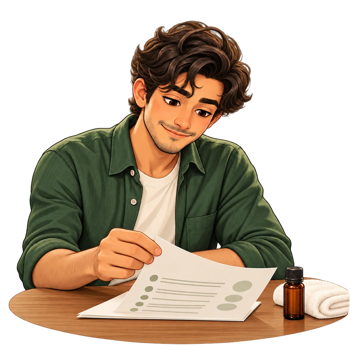 Illustration of Avi reviewing an individual preparation plan beside external-care materials.