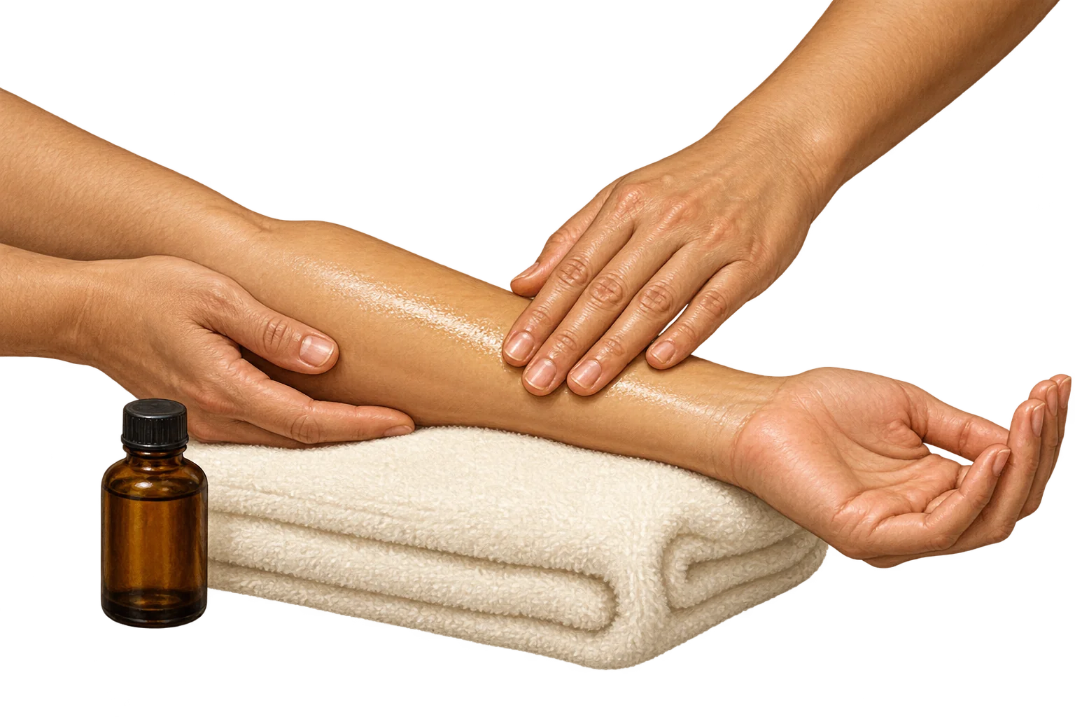 Illustration of gentle oil application to an adult forearm.