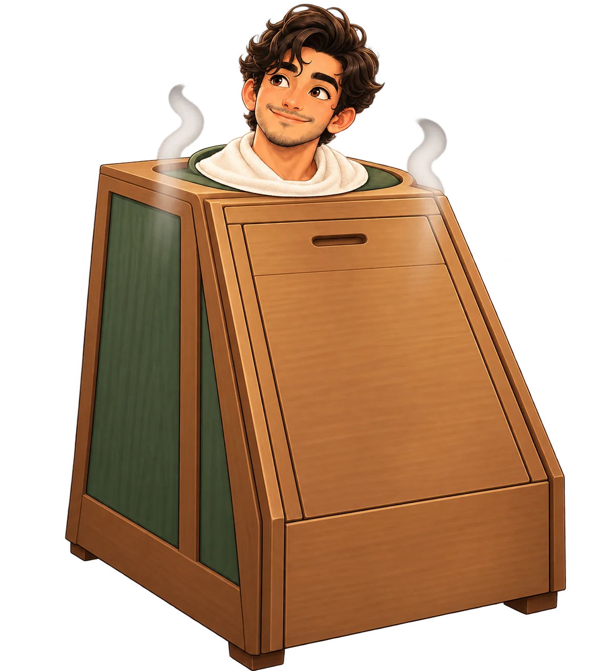 Illustration of Avi with his head outside a tall seated steam chamber.