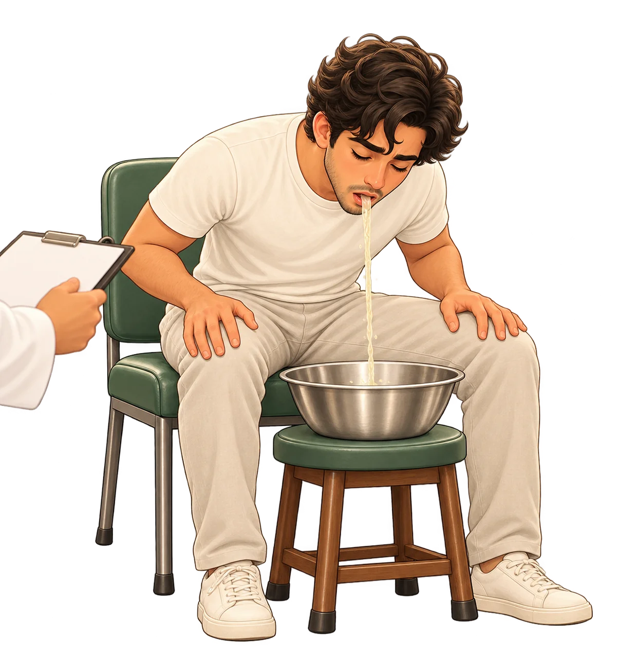 Illustration of Avi seated and leaning forward to vomit into a basin during supervised Vamana care.