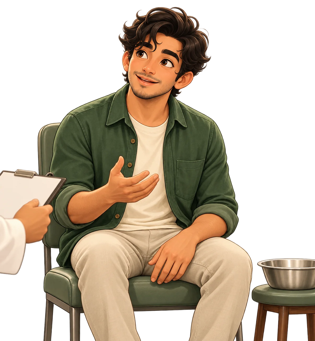 Illustration of Avi discussing how he feels during clinical observation, with an empty basin set aside.