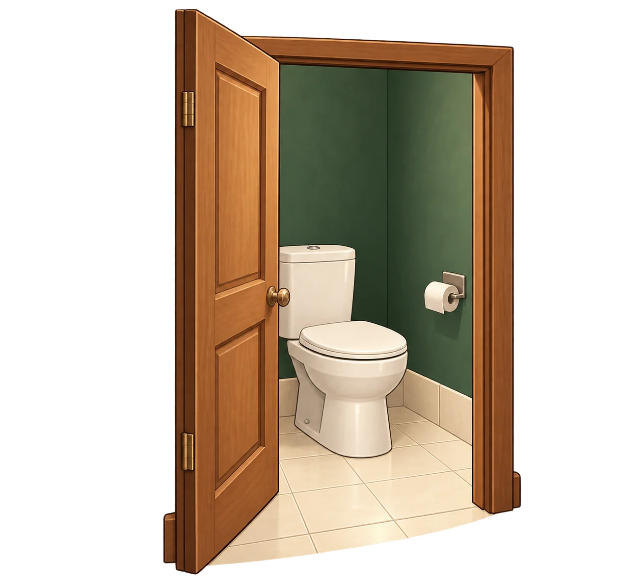 Illustration of a clean washroom doorway with a toilet visible inside.
