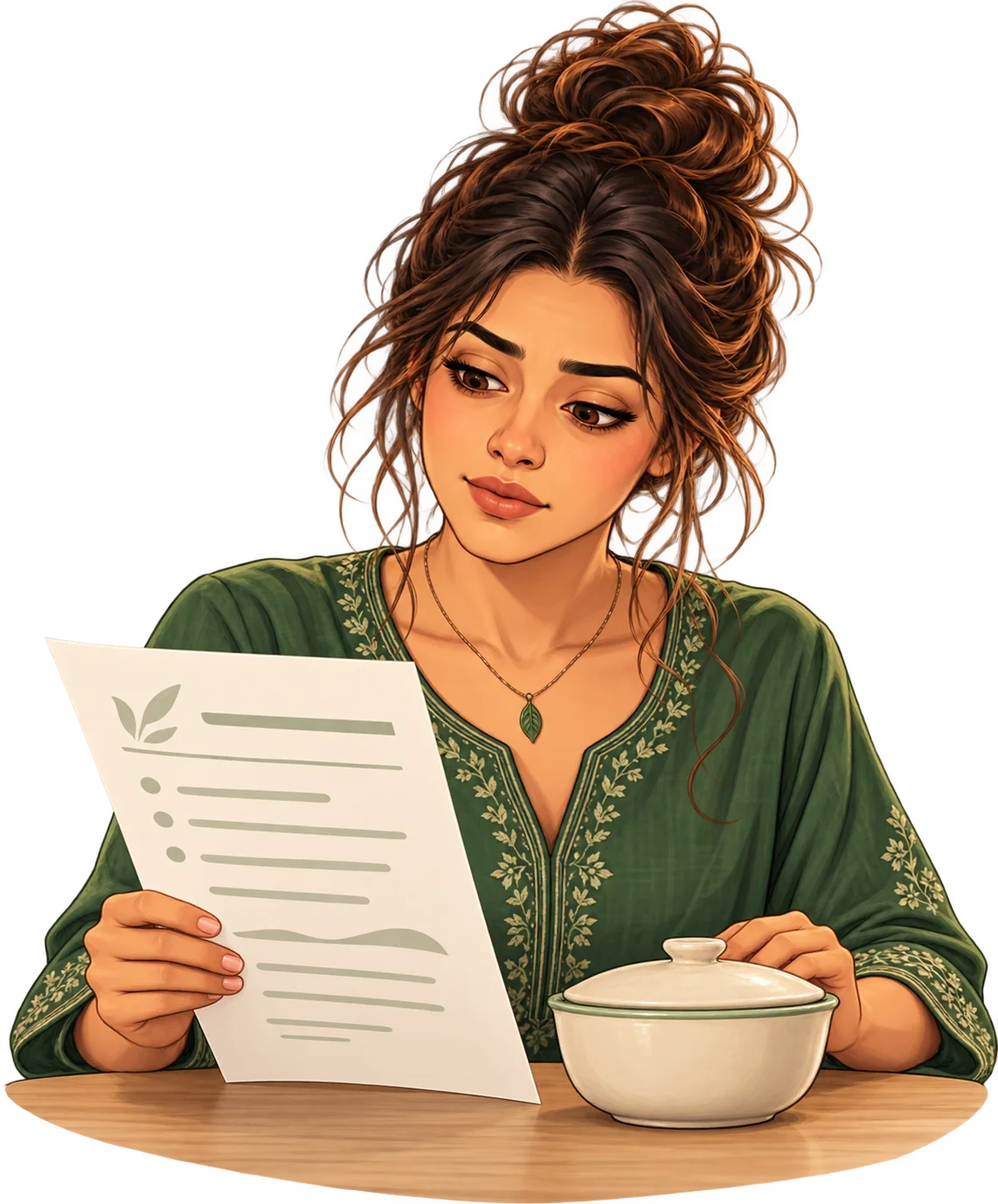 Illustration of Sky reviewing a written aftercare plan beside a covered meal bowl.