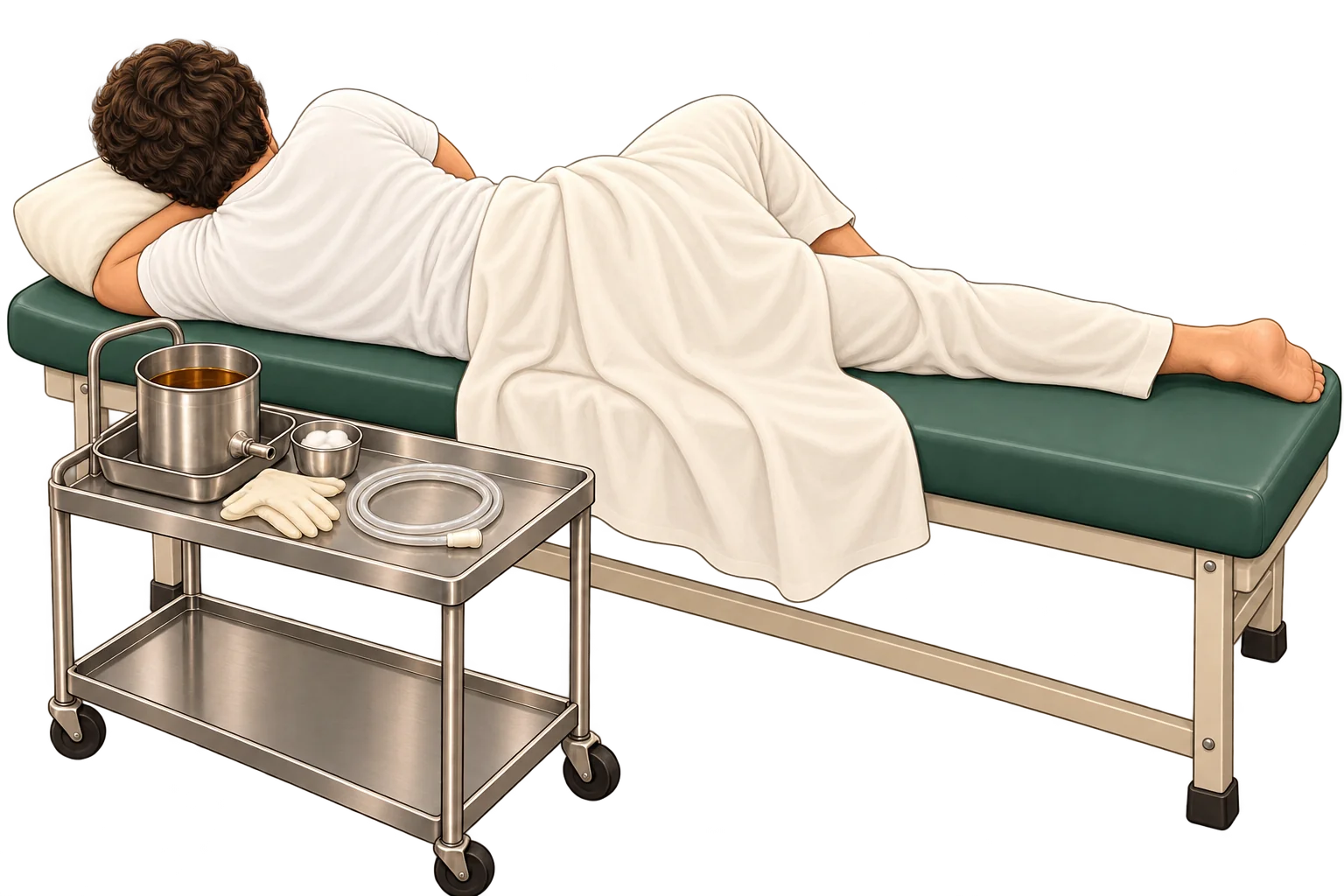 Illustration of a draped patient lying on his left side, viewed from behind, with a filled enema pot, gloves and cotton on a nearby tray.