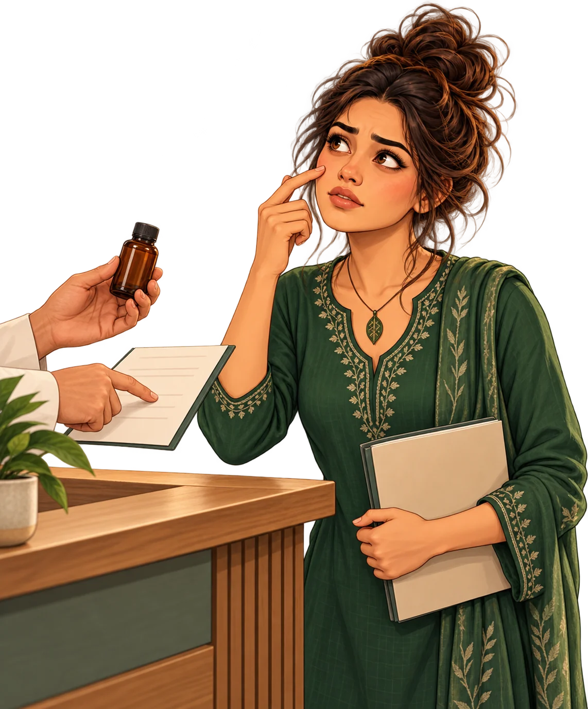 Illustration of Sky discussing nasal concerns while a clinician explains a selected medicine.
