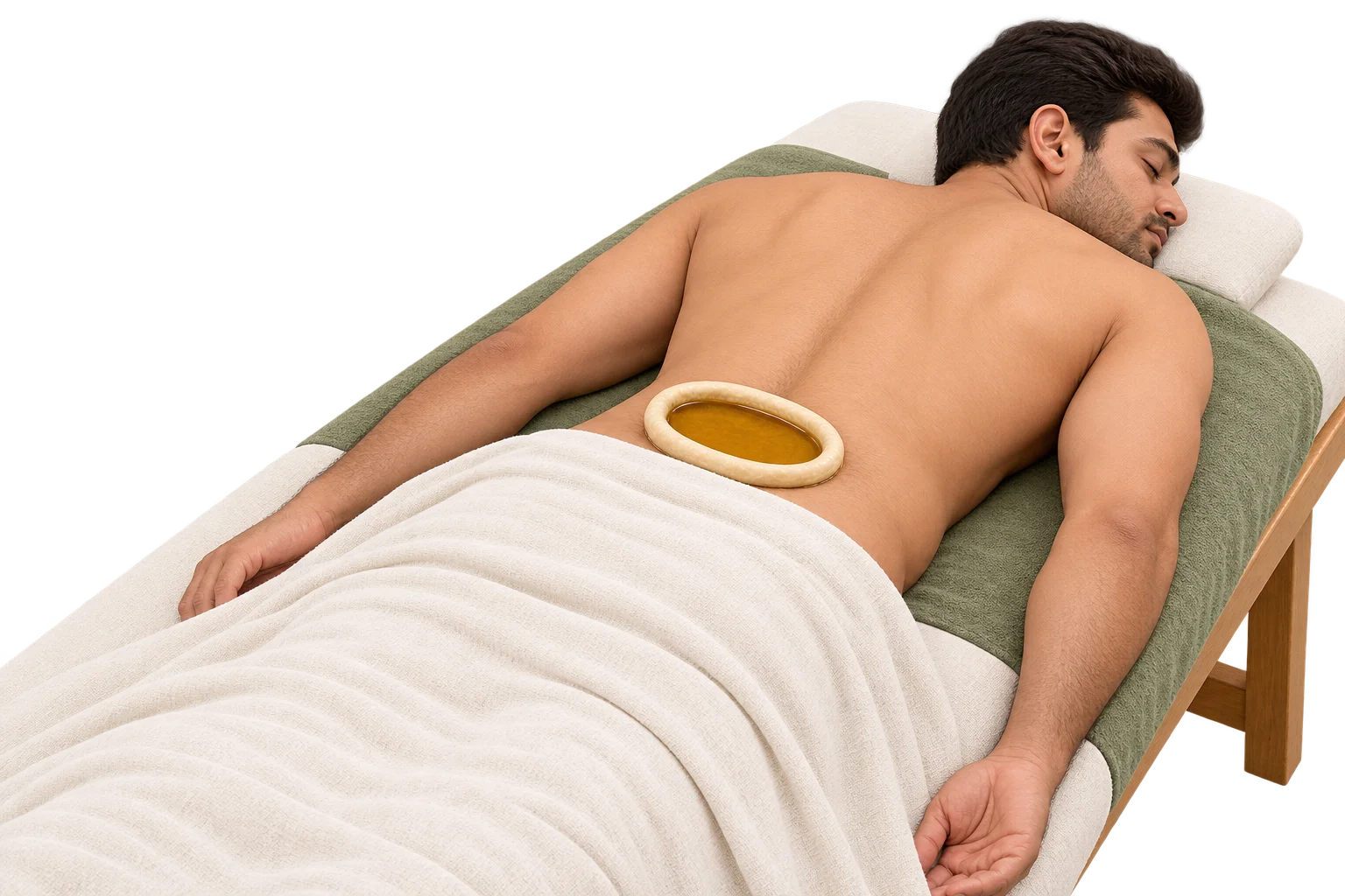 Illustration of an adult lying face down with oil retained over the lower back.