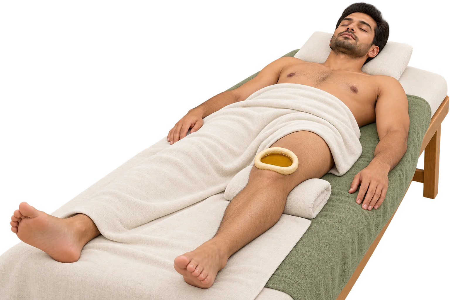 Illustration of oil retained over a supported knee, with the body and leg visible for context.