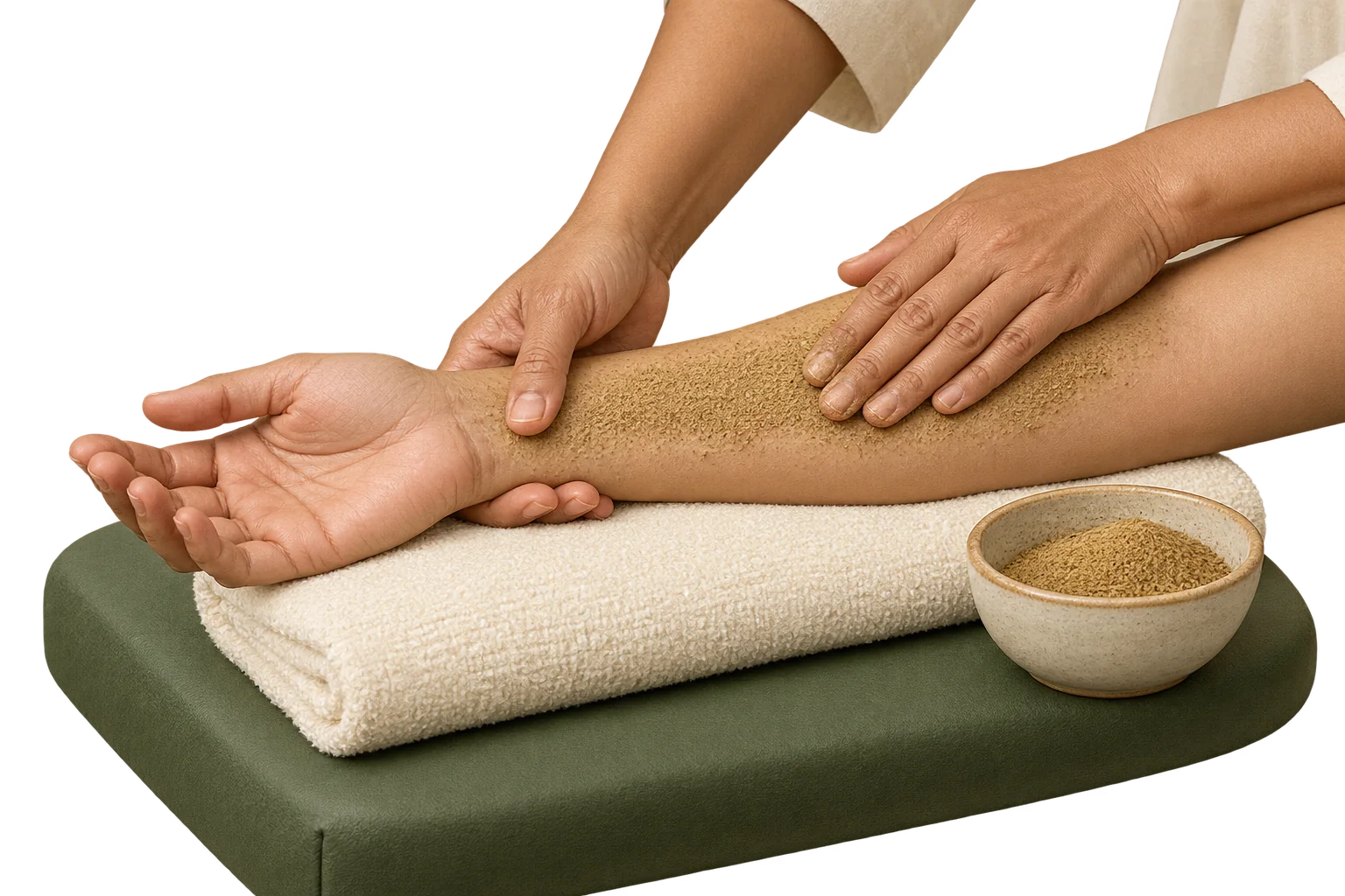 Illustration of medicinal powder being spread over a supported forearm.