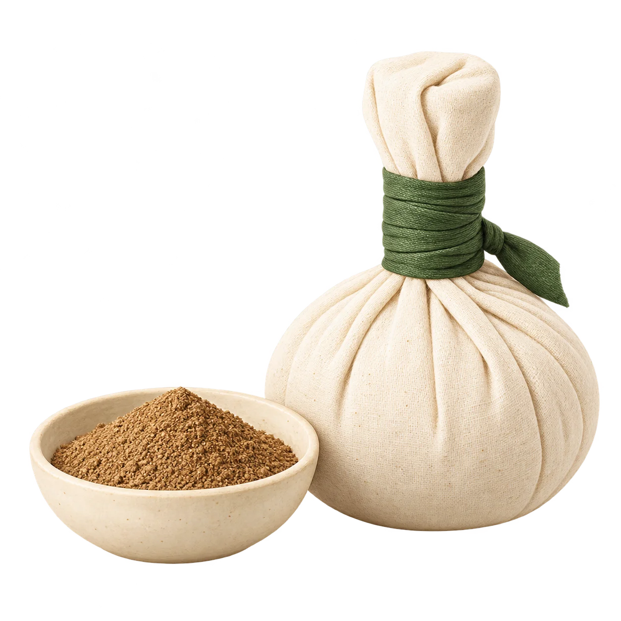 Illustration of a closed cloth bolus beside a bowl of medicinal powder.