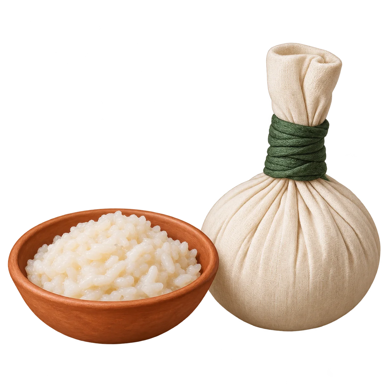 Illustration of a closed cloth bolus beside prepared rice.