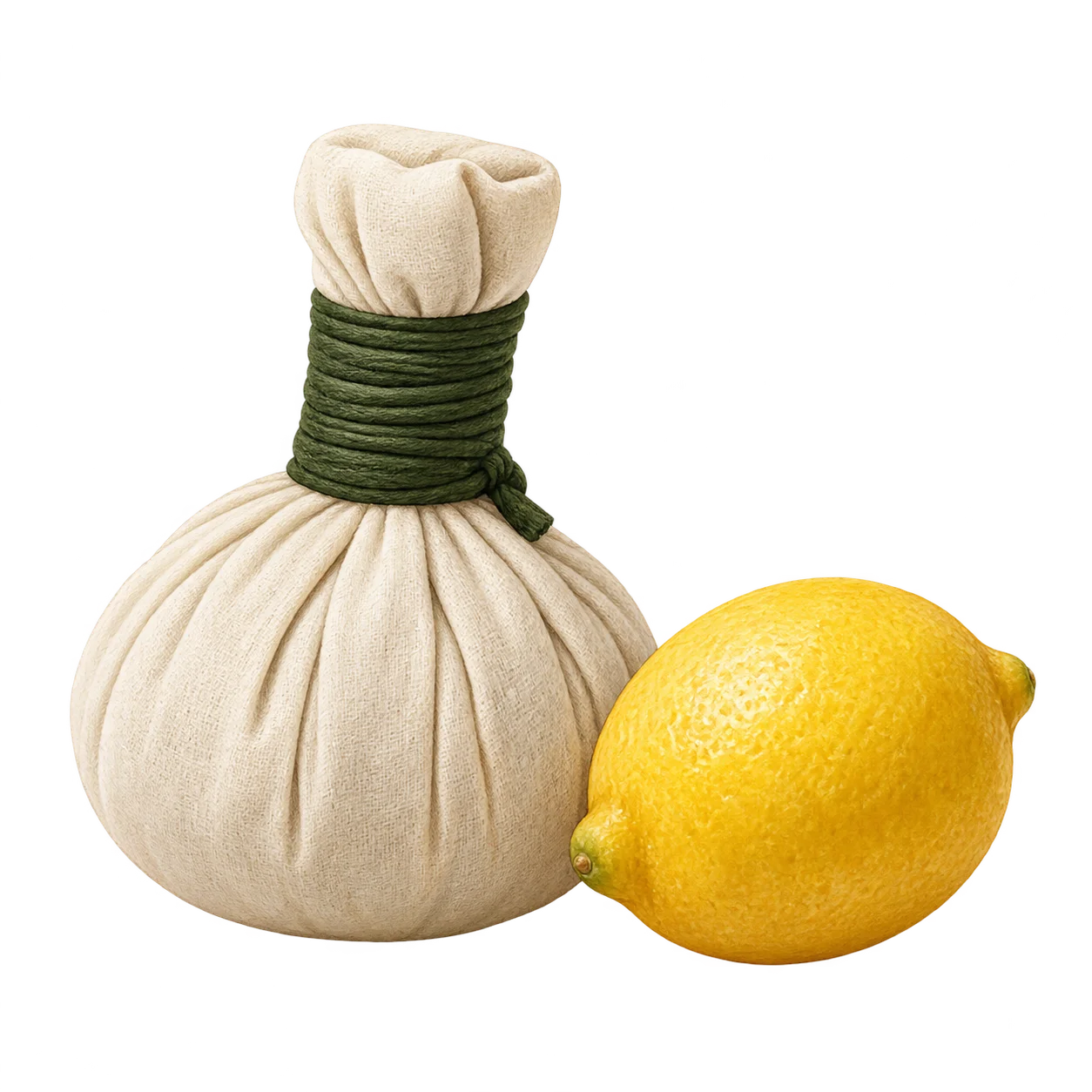 Illustration of a closed cloth bolus beside a lemon.