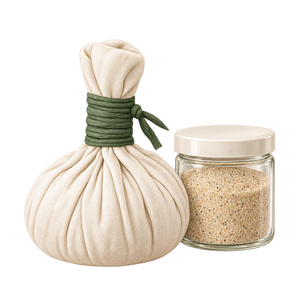 Illustration of a closed cloth bolus beside a covered jar of sand.