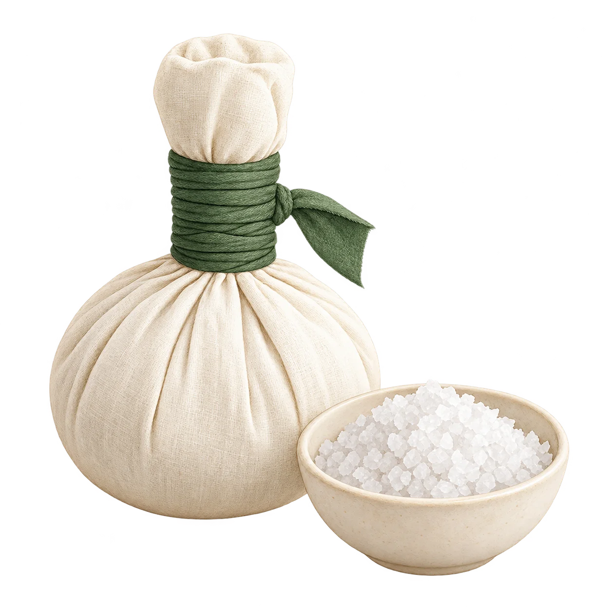 Illustration of a closed cloth bolus beside a bowl of salt crystals.