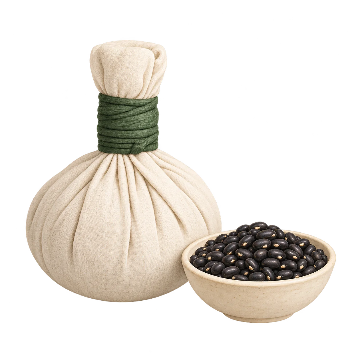 Illustration of a closed cloth bolus beside black gram pulses.