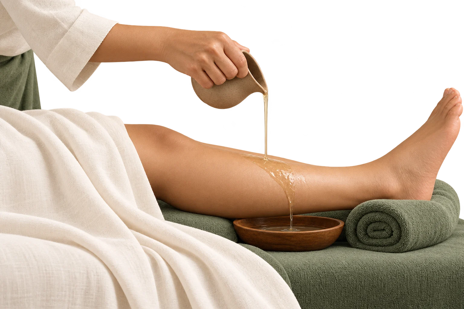Illustration of a selected liquid preparation poured over a limb.