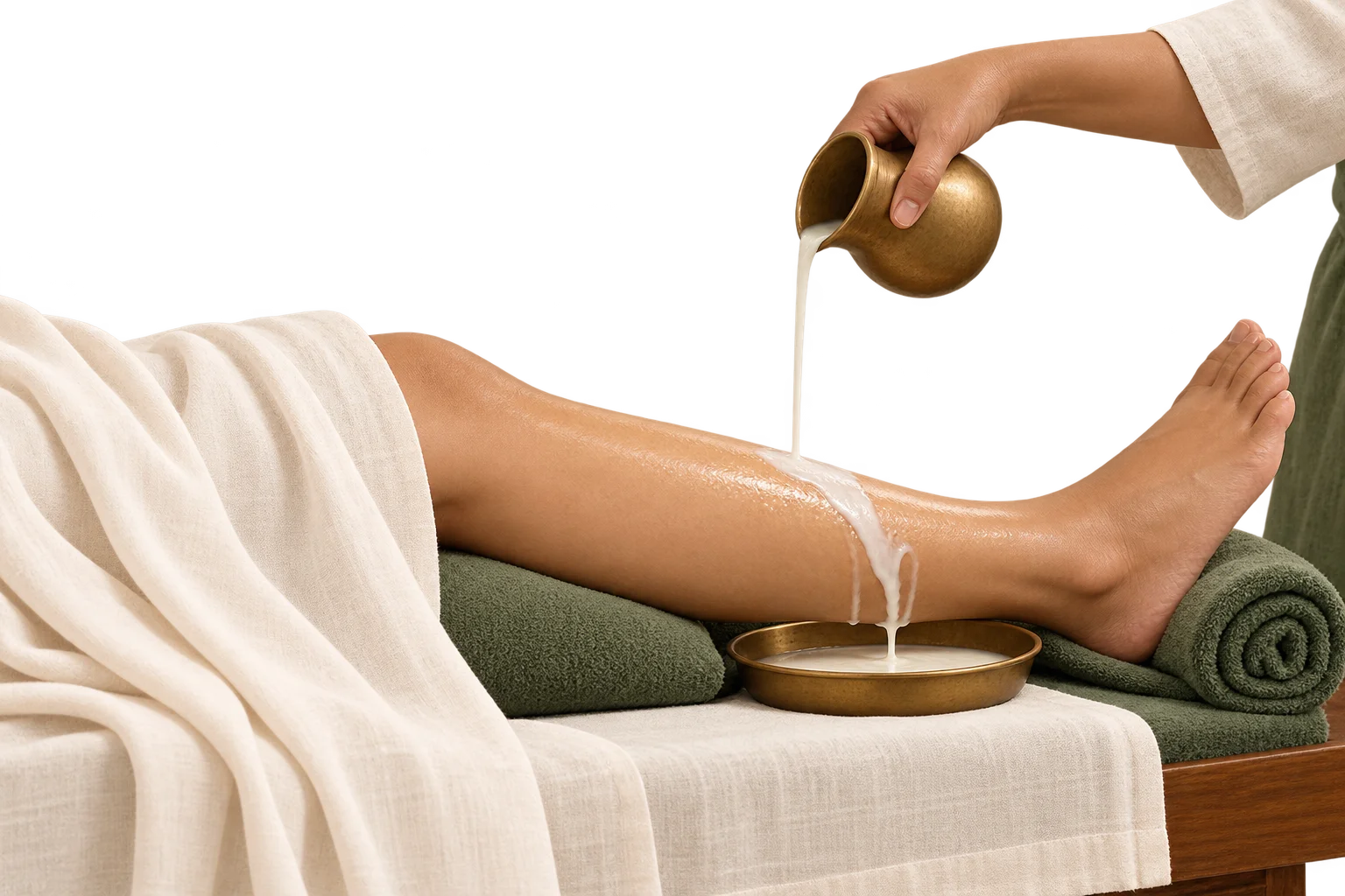 Illustration of medicated milk poured over the lower leg during body Ksheera Dhara.