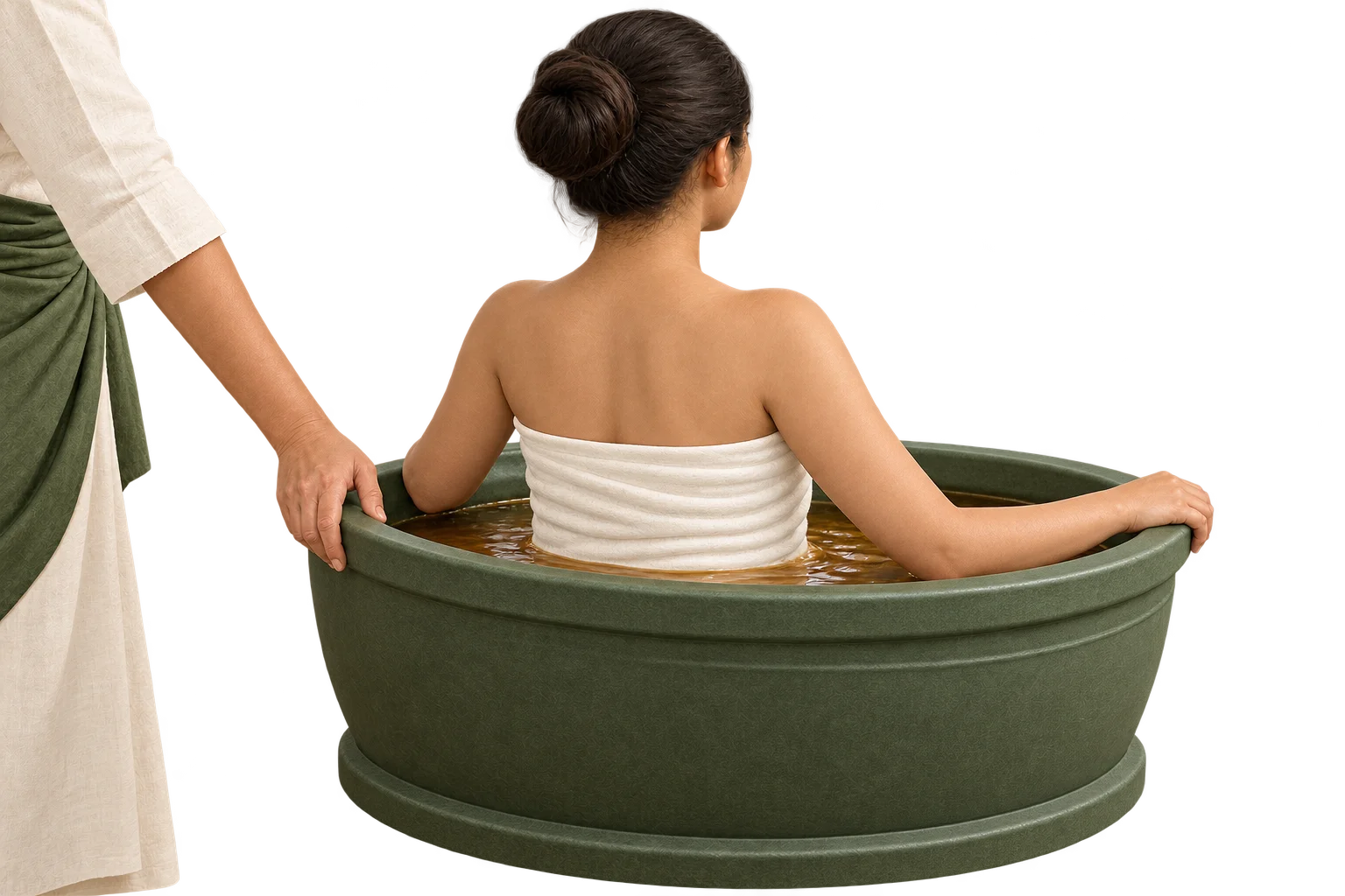 Illustration of a draped adult seated in an opaque vessel for Avagaha immersion.