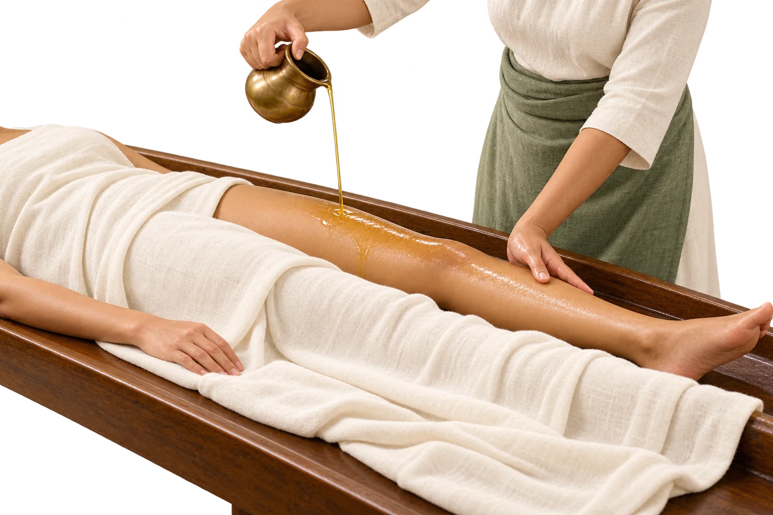 Illustration of an attended oil stream applied to the body during Pizhichil.