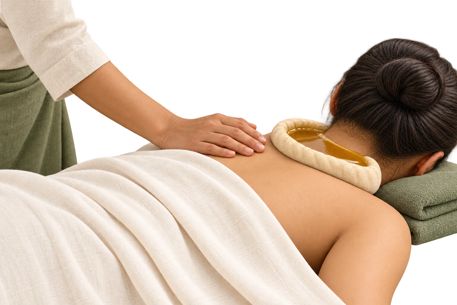 Illustration of oil retained within a dough boundary over the back of the neck.