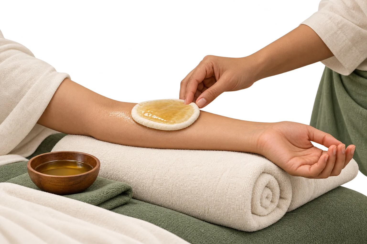Illustration of an oil-soaked cotton pad resting on a supported forearm.