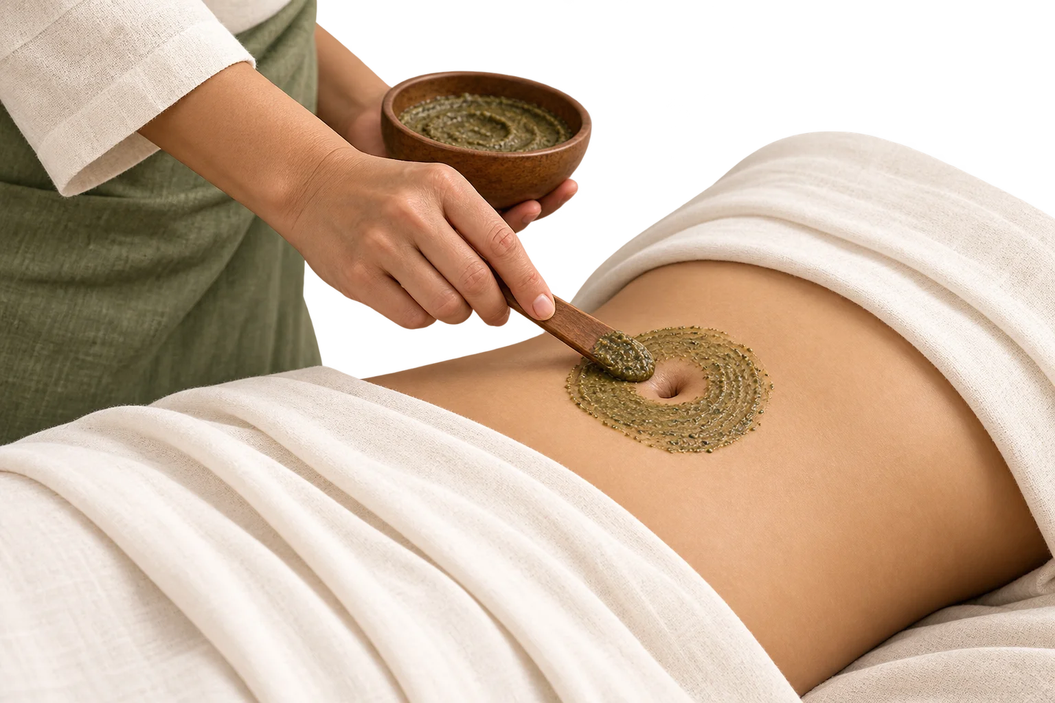 Illustration of a localized paste application around the navel.