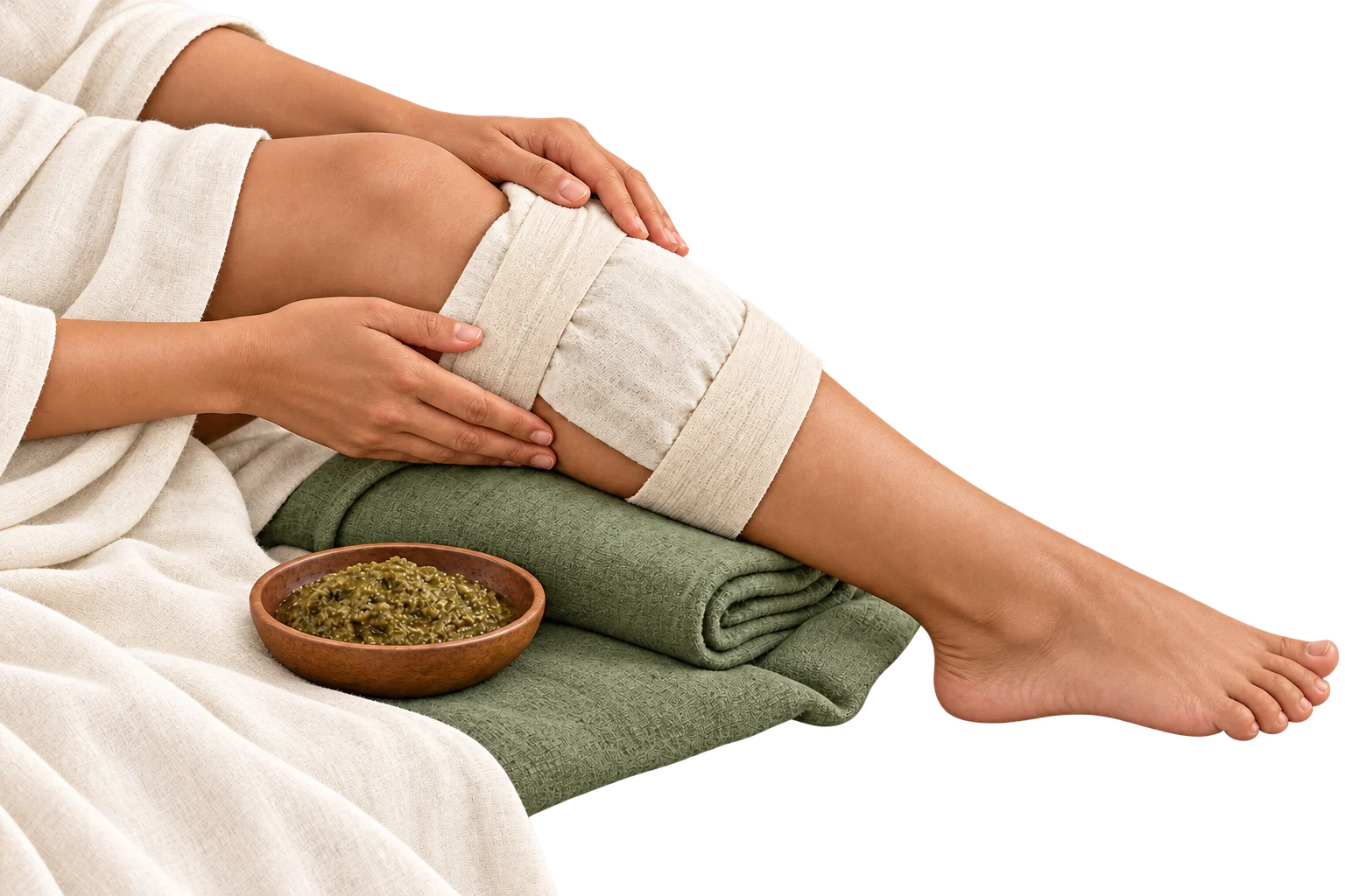 Illustration of a comfortably covered poultice on a supported lower leg.