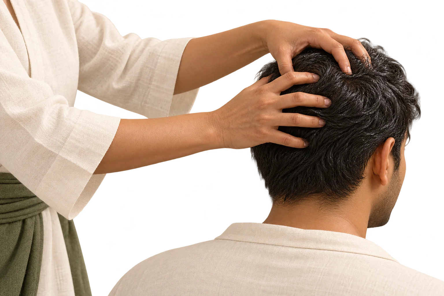 Illustration of gentle oil application with head massage.