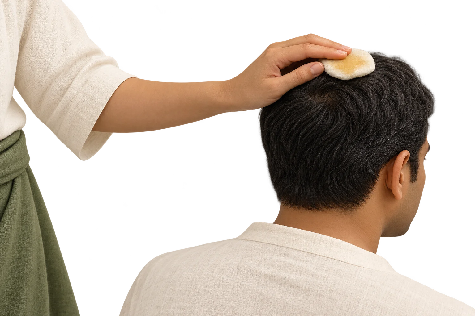 Illustration of an oil-moistened cotton pad resting on the scalp.