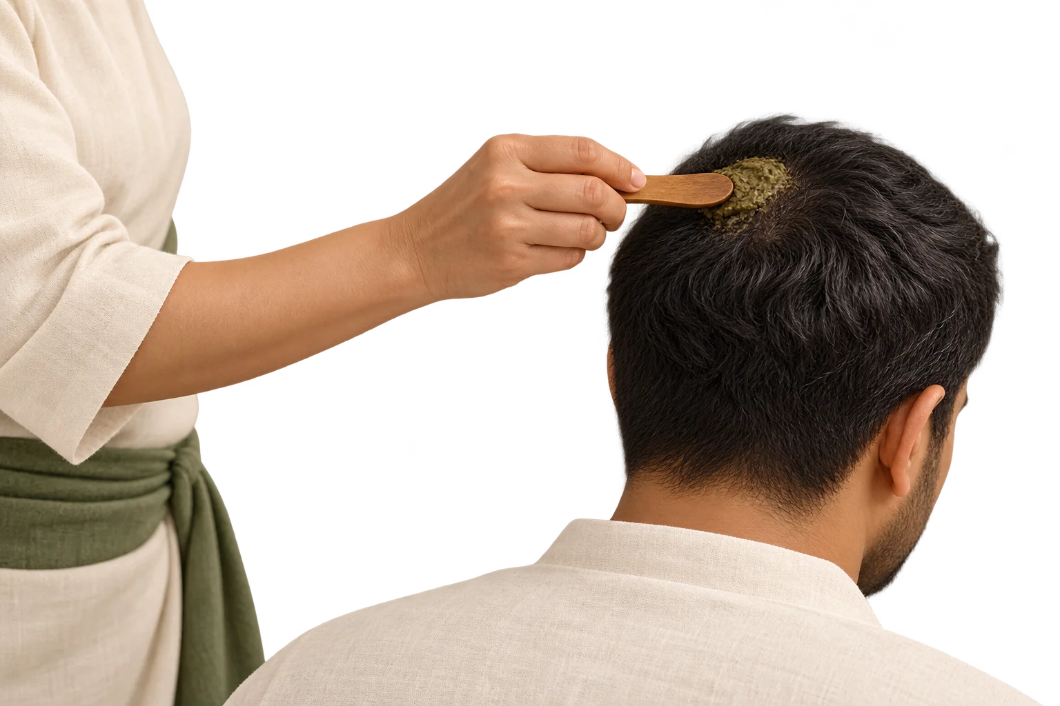 Illustration of a small localized herbal paste application on the scalp.