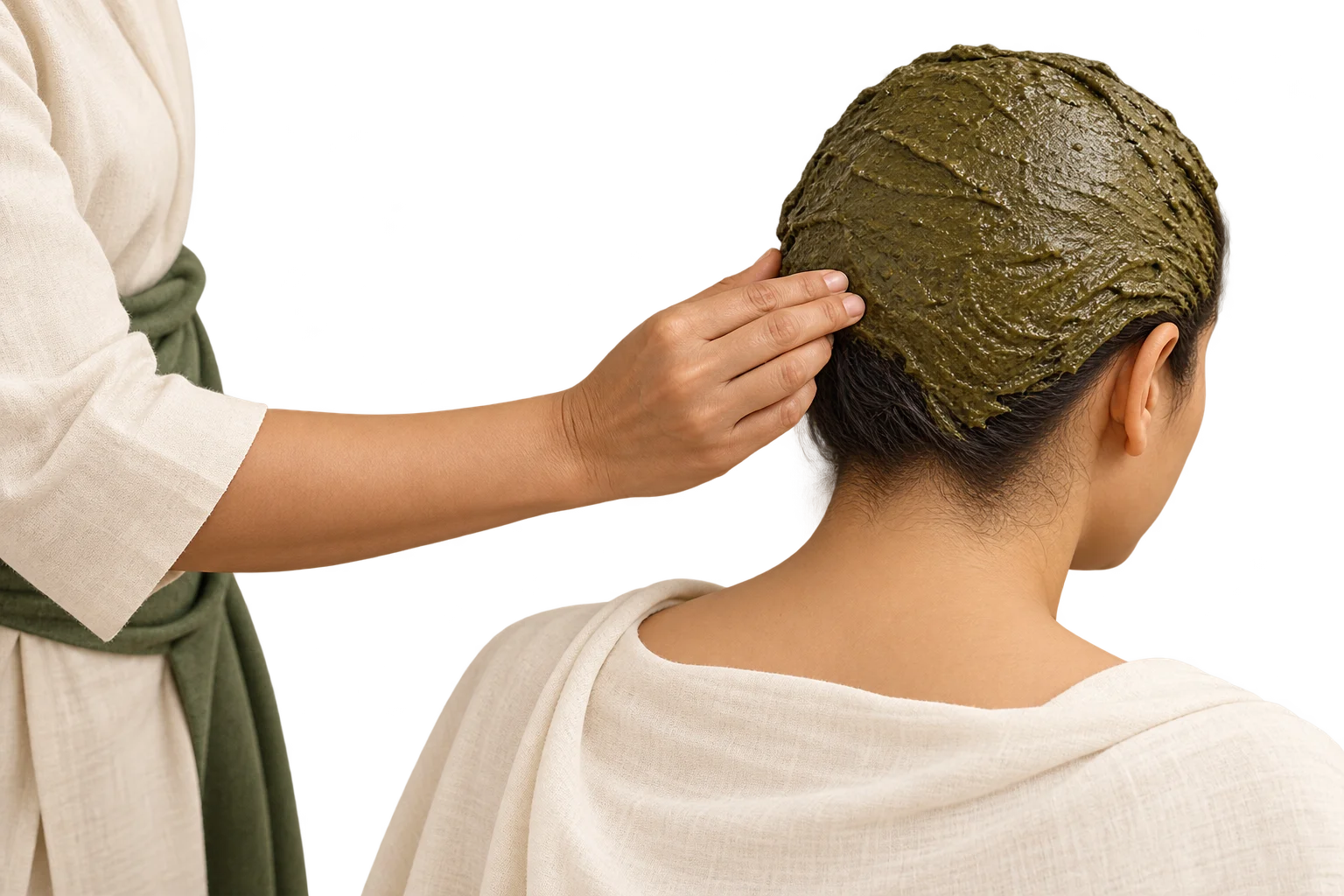 Illustration of broader herbal paste coverage over the scalp.