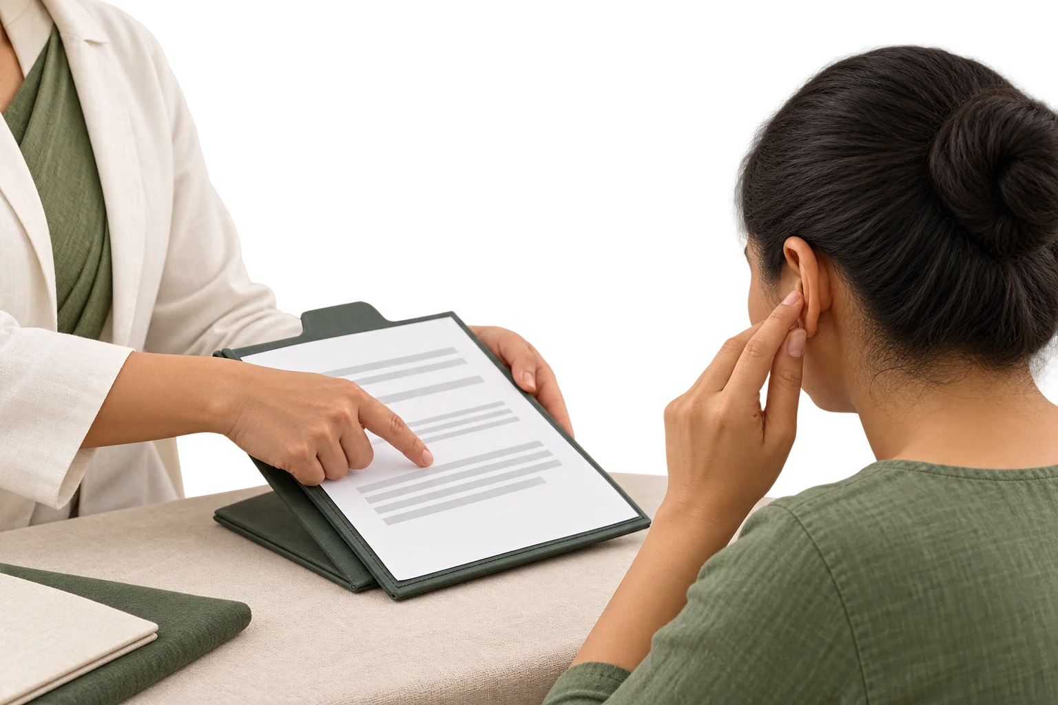 Illustration of an ear-health consultation with a hearing report.