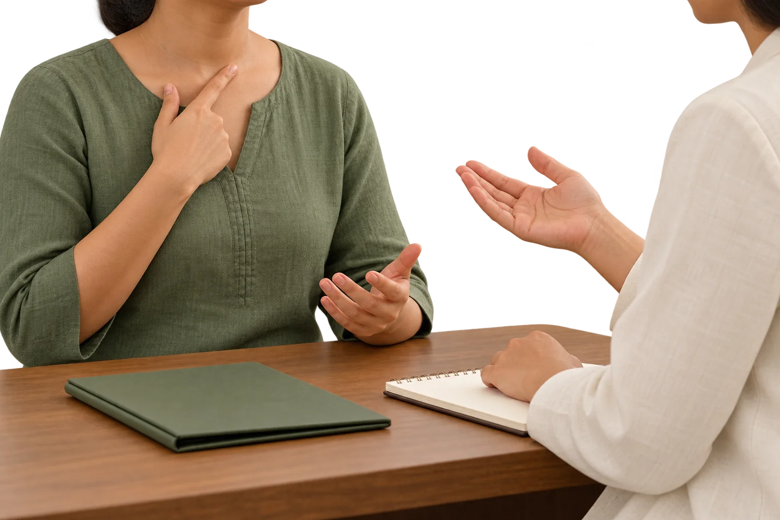 Illustration of a clinician discussing suitability and precautions with a patient.
