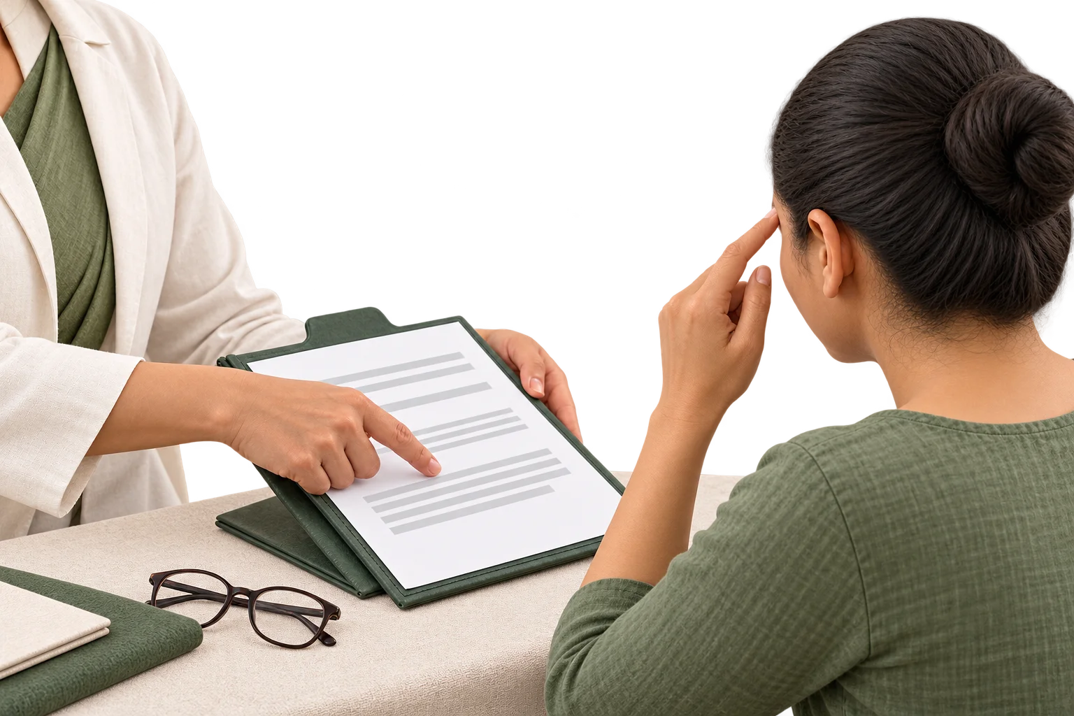 Illustration of a patient discussing an eye concern and reports with a clinician.