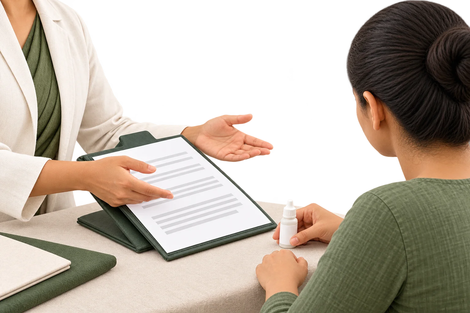 Illustration of a clinician explaining an eye-care plan while reviewing existing medicines.