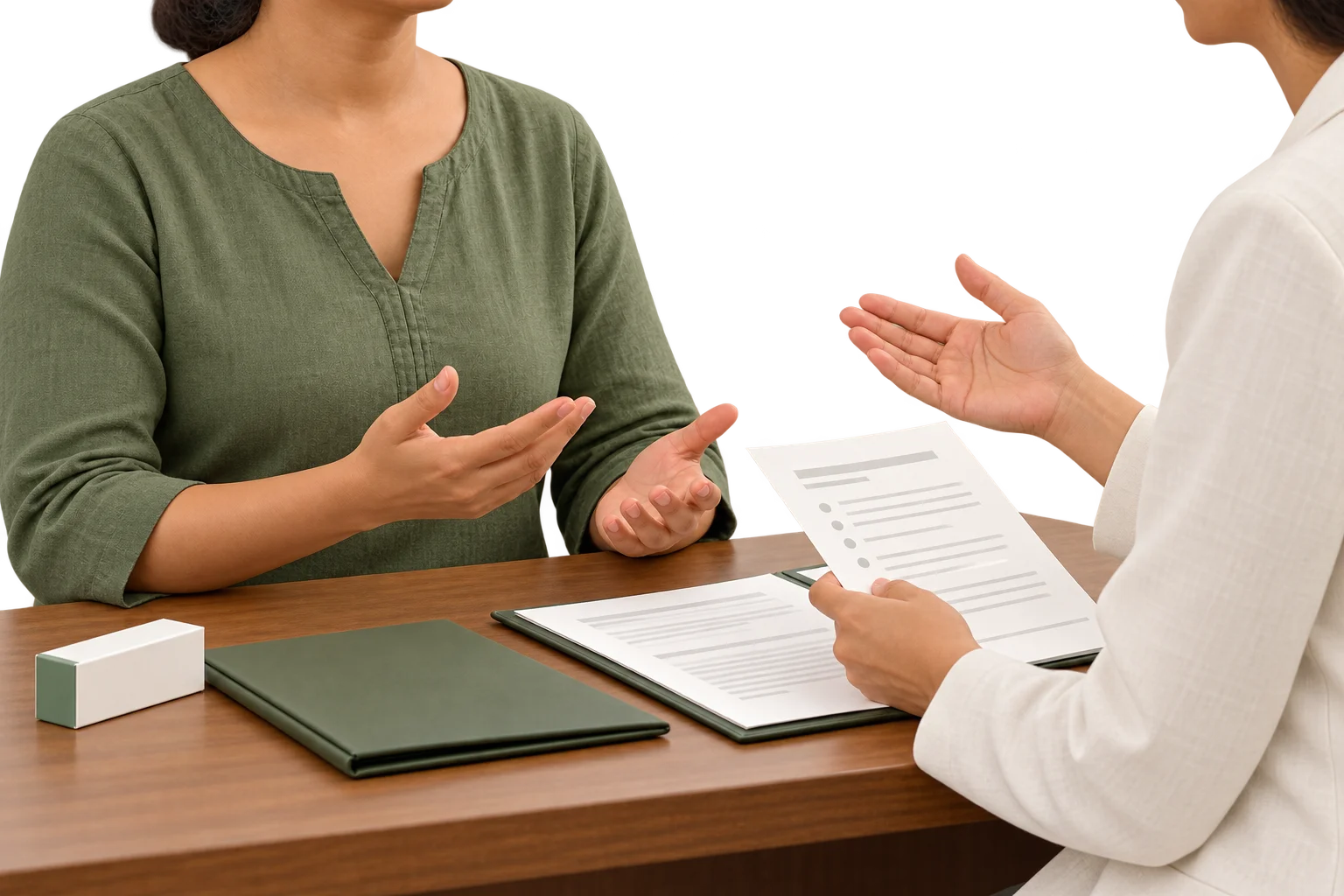 Illustration of a consultation reviewing medicines and reports before a procedure.