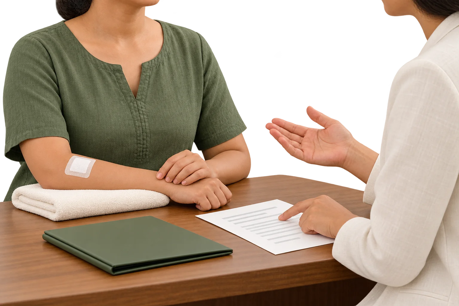 Illustration of a clinician explaining site care and follow-up to a patient.