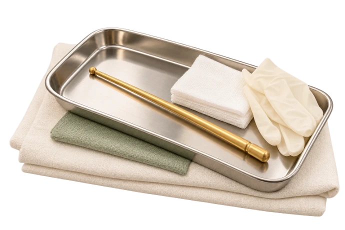 Illustration of an Agnikarma shalaka on a tray with gauze and gloves.
